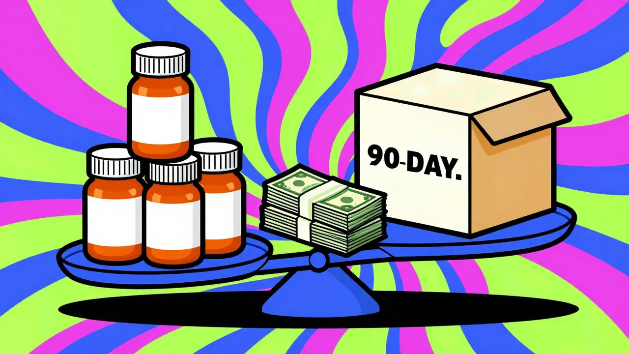 Retro vector art comparing high cost of frequent fills vs savings of bulk mail-order