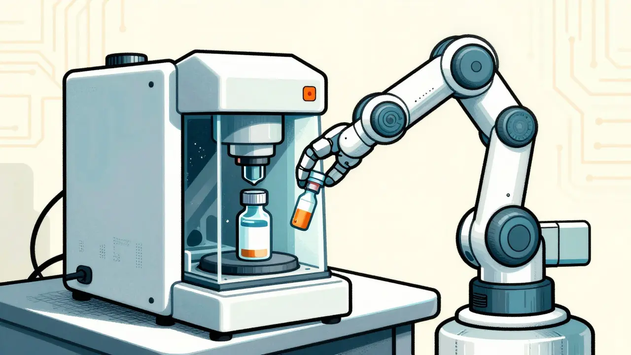 Robot arm placing a vial in a sterile isolator, Wes Wilson style.
