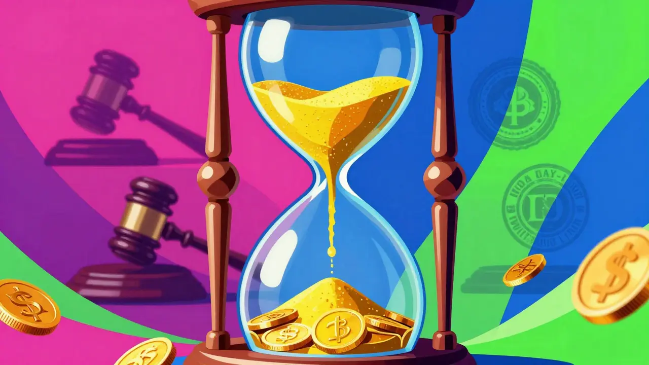 Wes Wilson style hourglass turning sand into gold coins, symbolizing exclusivity.