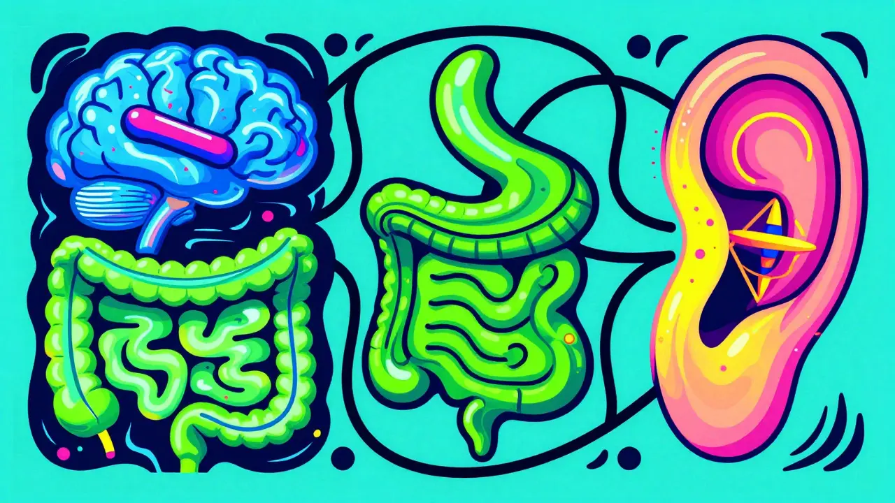 Abstract graphic showing brain, gut, and ear pathways causing opioid nausea.