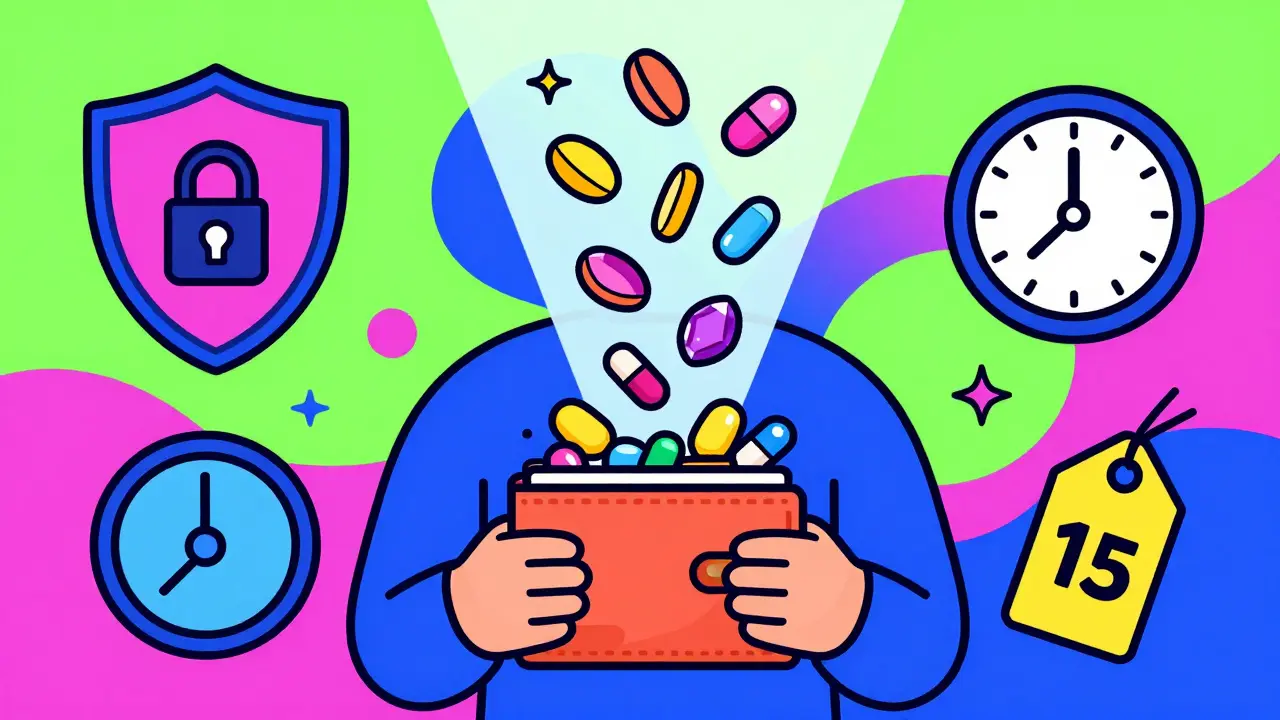 Character holding wallet with floating medicine coins, cartoon