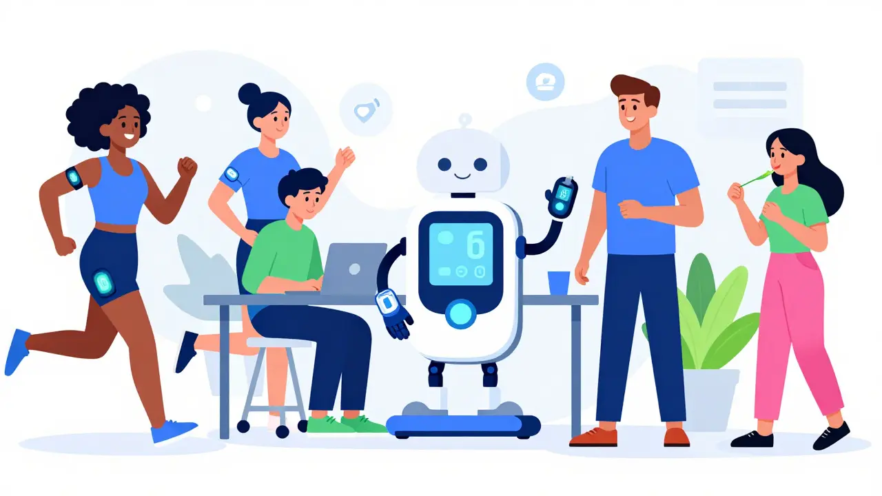 Colorful cartoon of people using CGM tech and artificial pancreas systems for diabetes care.
