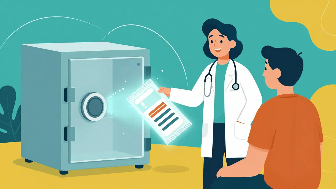 Doctor and patient with digital prescription, retro illustration