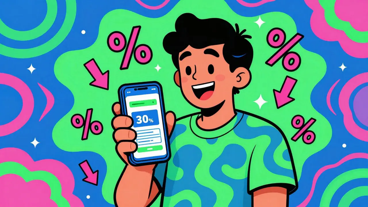Happy person using phone coupon for savings in Wes Wilson style