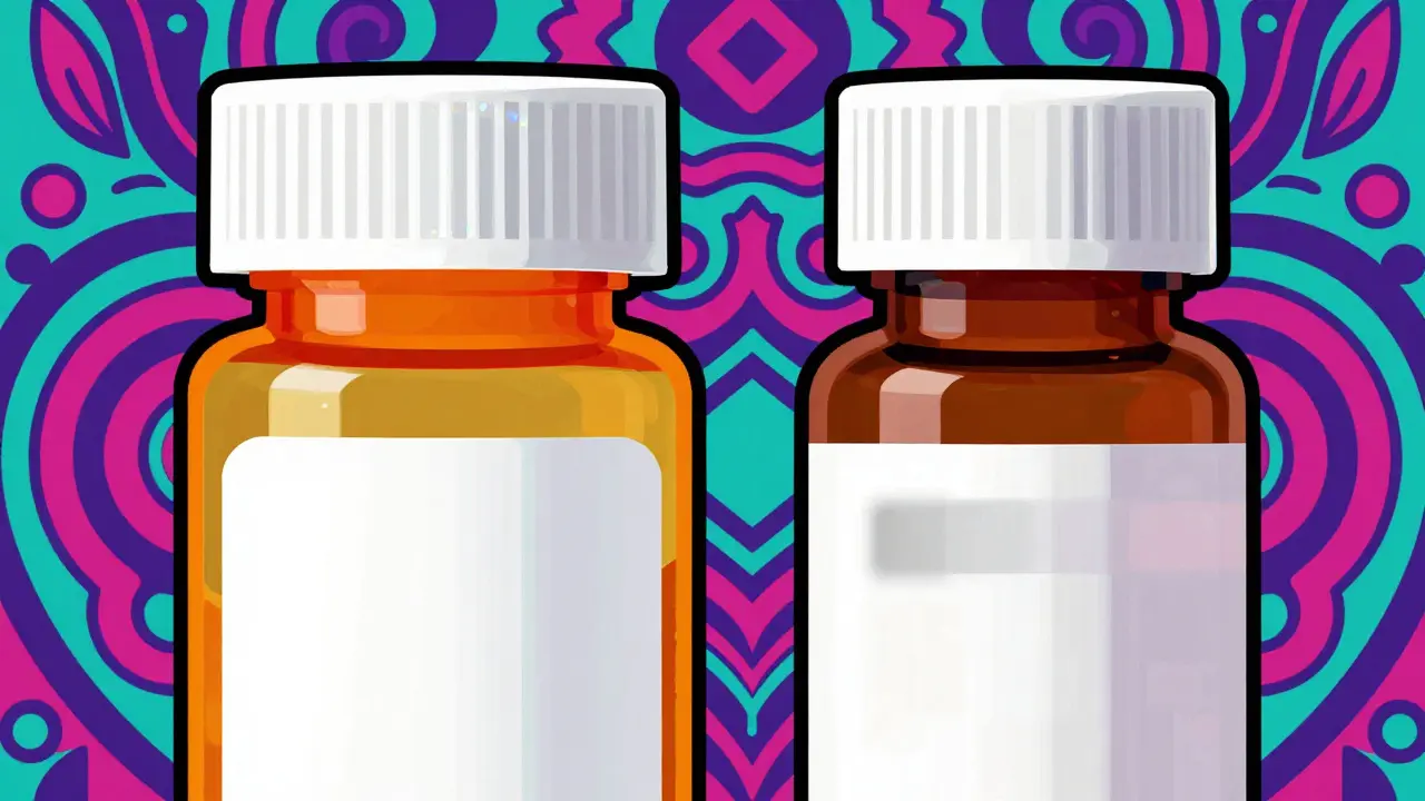 Illustration comparing a genuine medicine bottle with a blurry, fake counterfeit version.