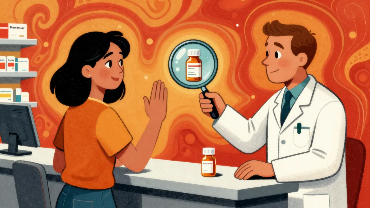 Patient verifying medication details with pharmacist