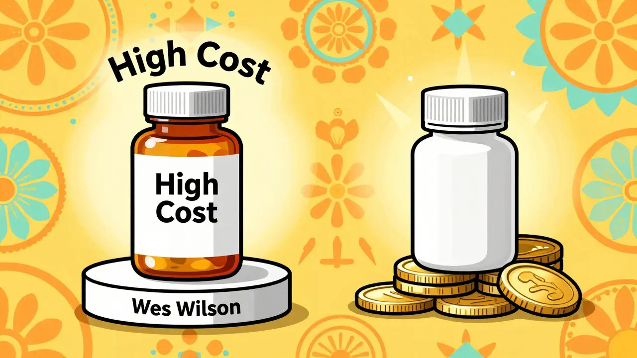 Retro illustration comparing expensive brand vs cheap generic pills