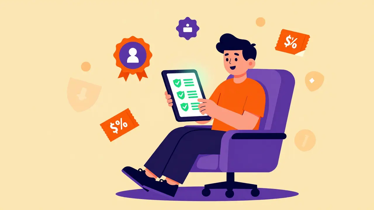 Retro illustration of safe online medicine purchase with checks