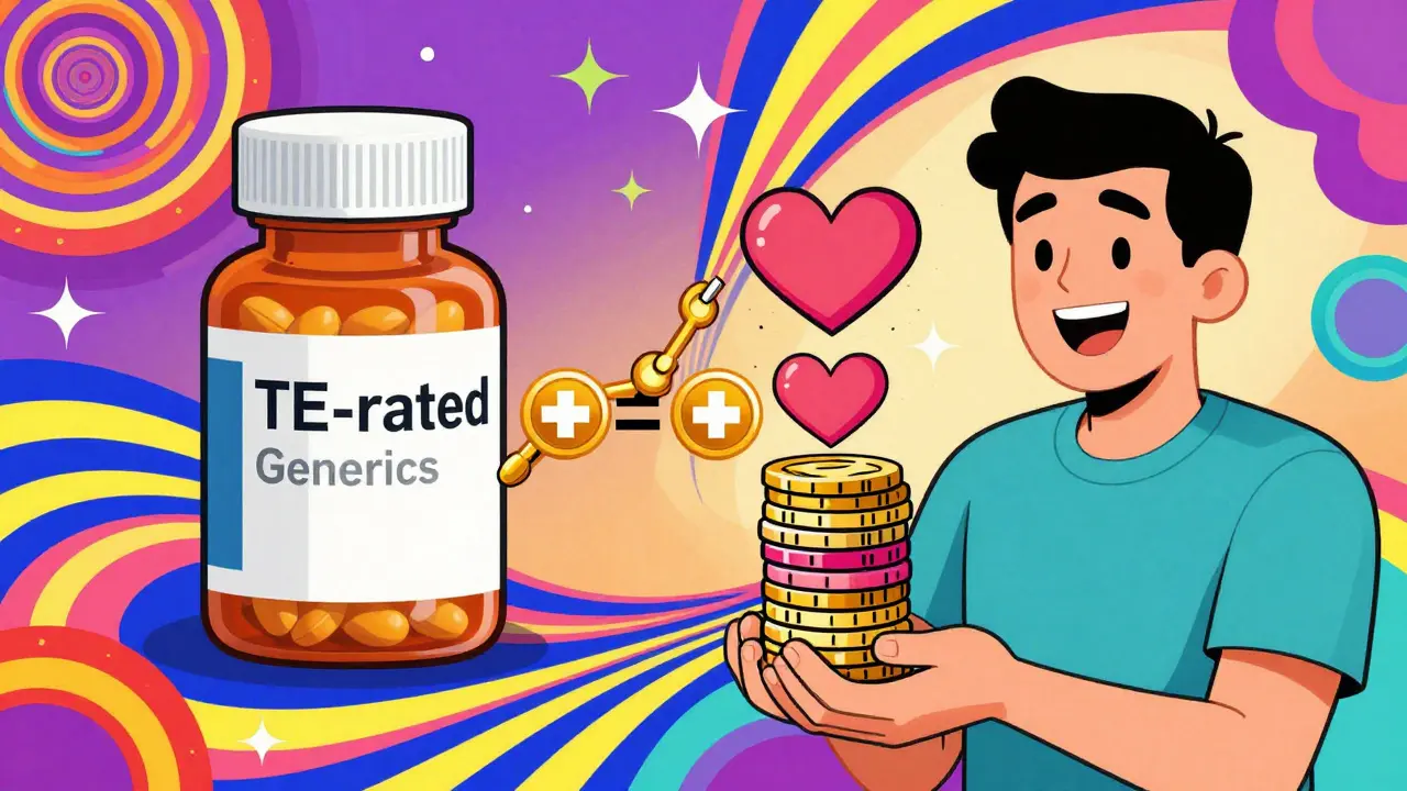 Retro psychedelic illustration of a patient holding coins turning into hearts, celebrating generic drug savings.