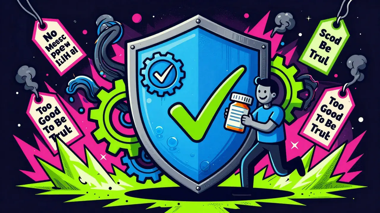 Retro style art of a shield protecting a patient from chaotic online pharmacy scams.