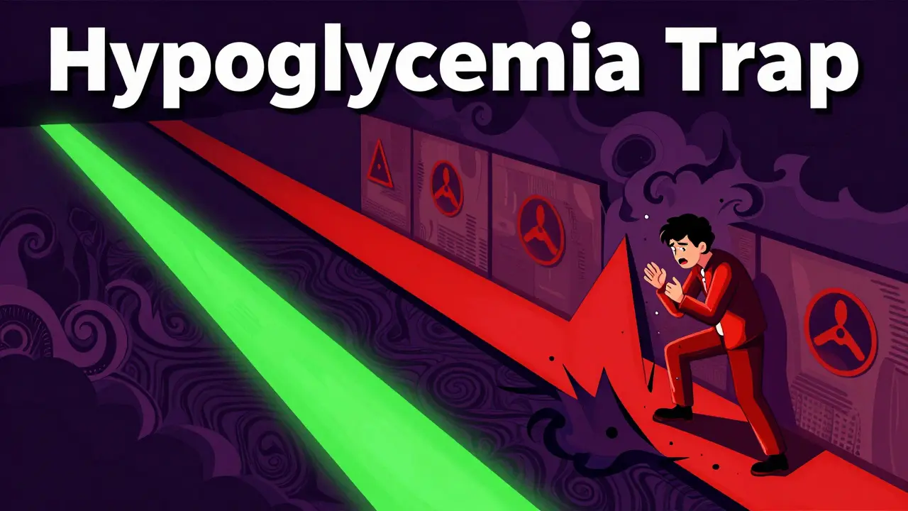 Retro-style art showing safe steady path vs dangerous jagged path for insulin regimens.