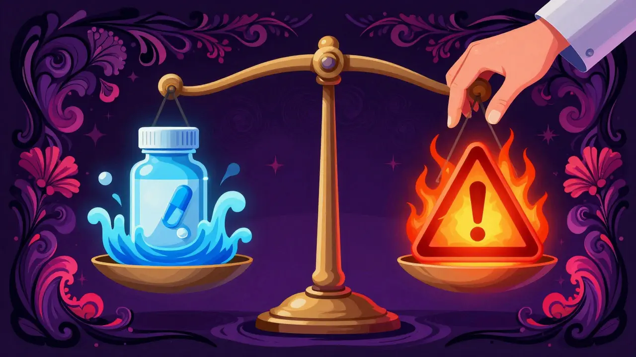 Stylized scale balancing medication benefits against dangerous interaction risks.