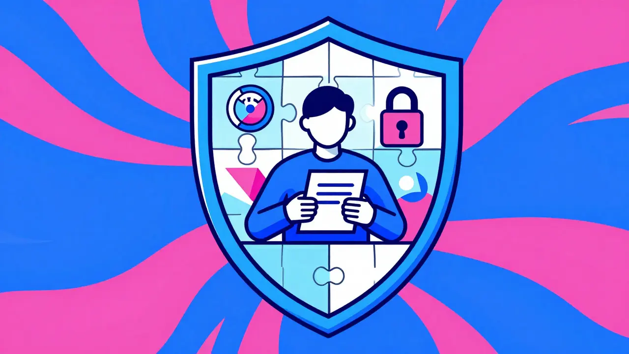 Stylized shield with abstract safety icons in Wes Wilson's vibrant, thick-lined artistic style.