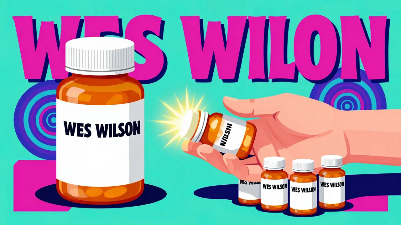 Wes Wilson style art comparing expensive brand vs cheap generics