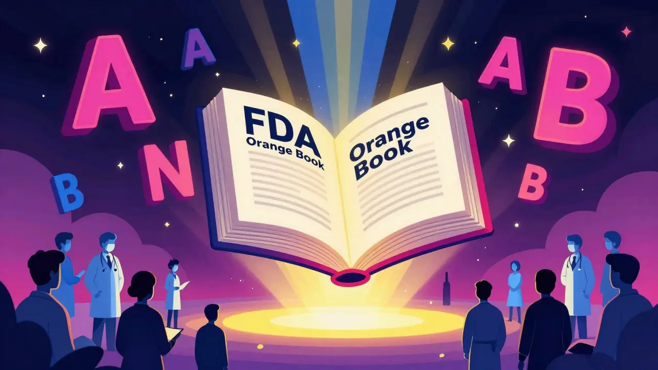 Wes Wilson style art showing a glowing orange book with floating drug codes and radiant light beams.