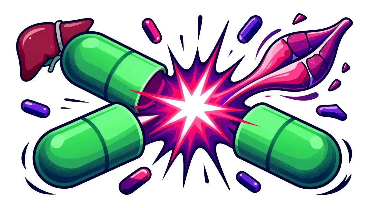 Abstract art showing merging pills causing cellular damage in bright colors.