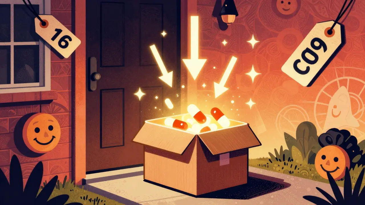 Colorful graphic of a medication delivery box symbolizing savings and convenience