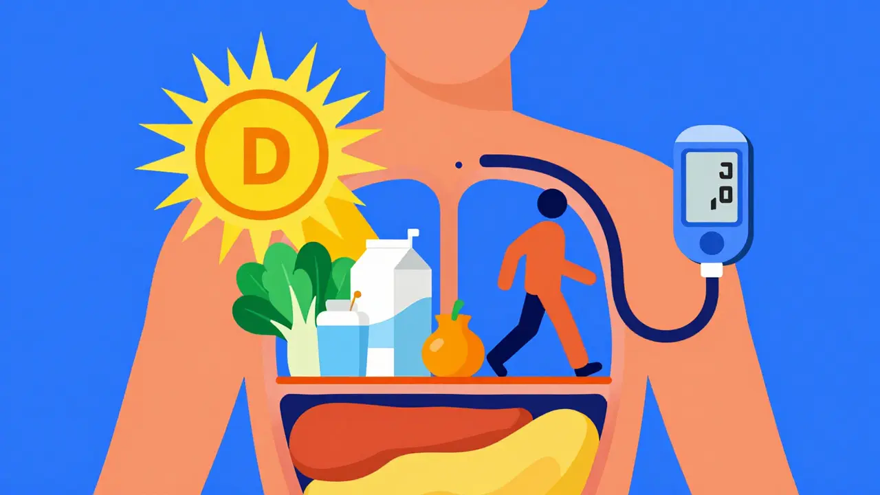 Colorful illustration of vitamin D, calcium, and exercise protecting metabolism