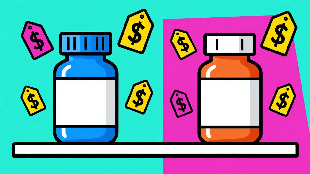 Comparison of brand vs generic pills with price symbols
