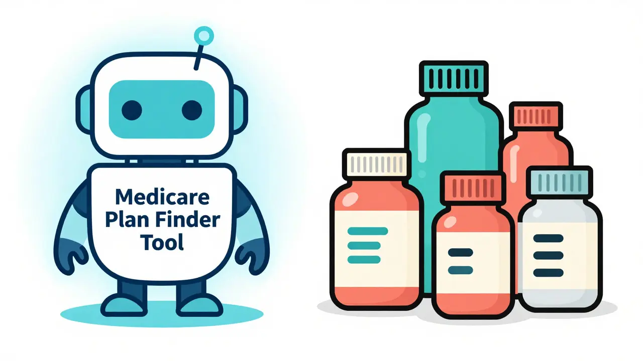 Conceptual art comparing medical plans using icons and medicine bottles in Wes Wilson style