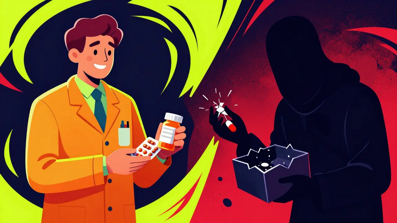 Contrast between safe pharmacist and shady drug seller in pop art