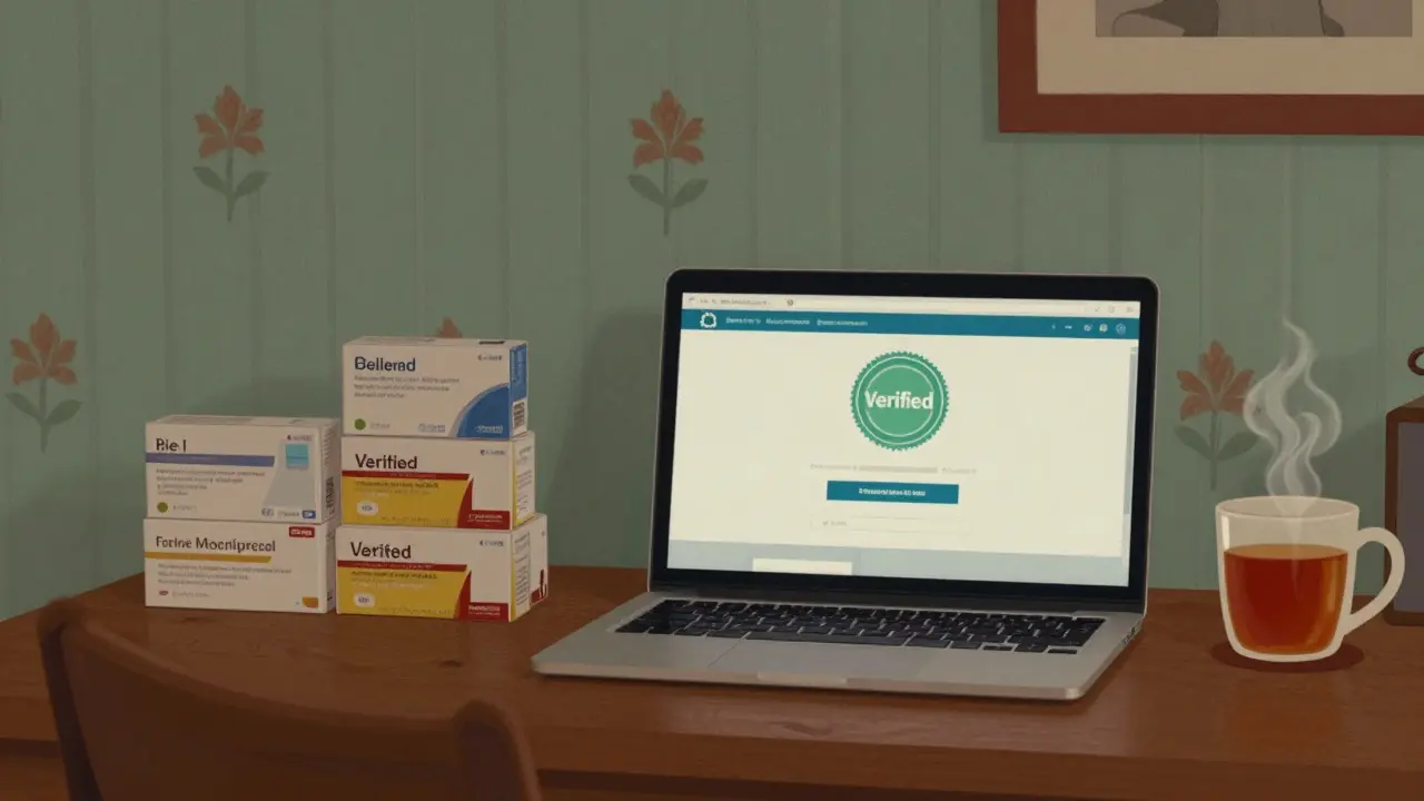Cozy desk scene with laptop showing verified online pharmacy and prescription boxes