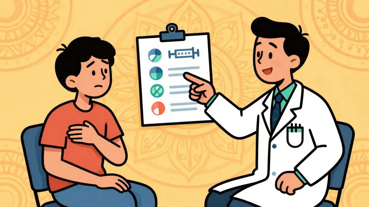 Doctor discussing alternative diabetes meds with relieved patient in Wes Wilson style