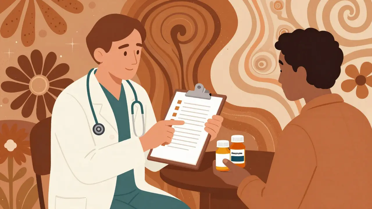 Doctor reassuring patient about safe antibiotics using Wes Wilson art style