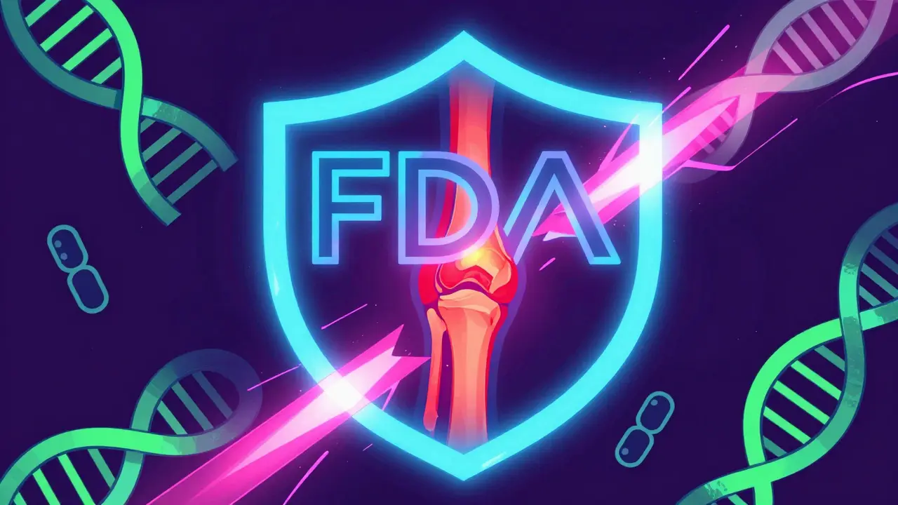 FDA warning shield with glowing inflamed joints in vibrant Wes Wilson illustration