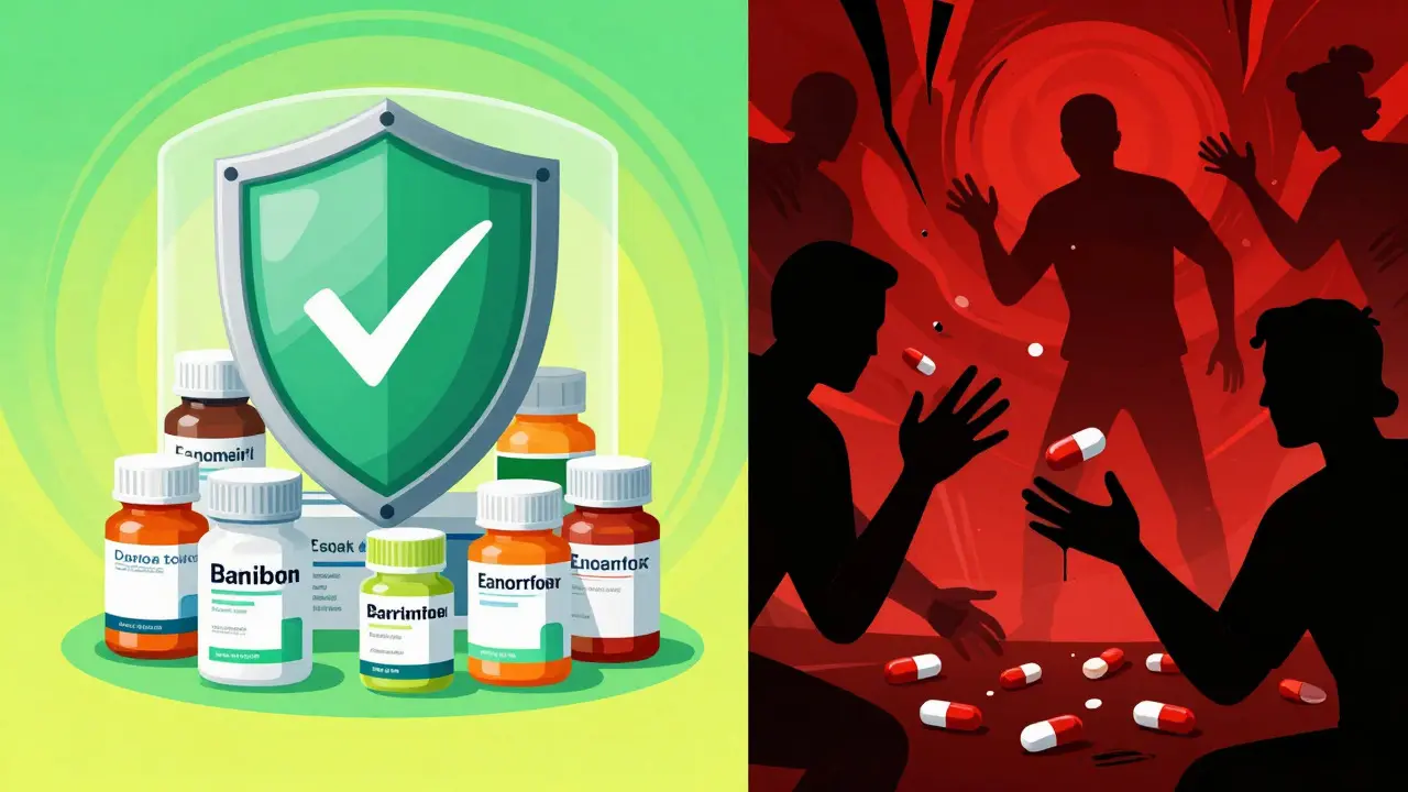 Graphic art contrasting safe meds with shady counterfeit dealers