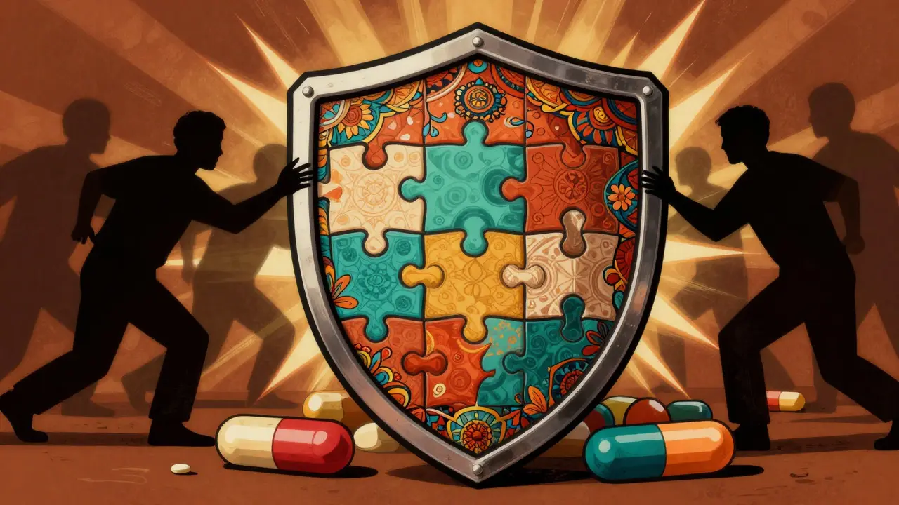 Graphic design of a protective shield guarding medication from online scams