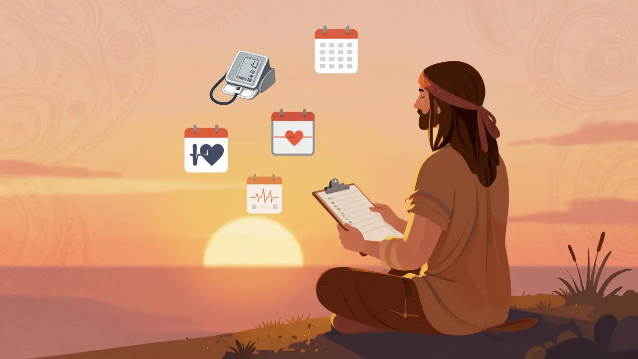 Groovy style image of a person monitoring their health metrics for long-term stability.