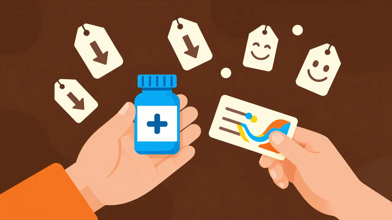 Hand holding pill bottle and discount coupon