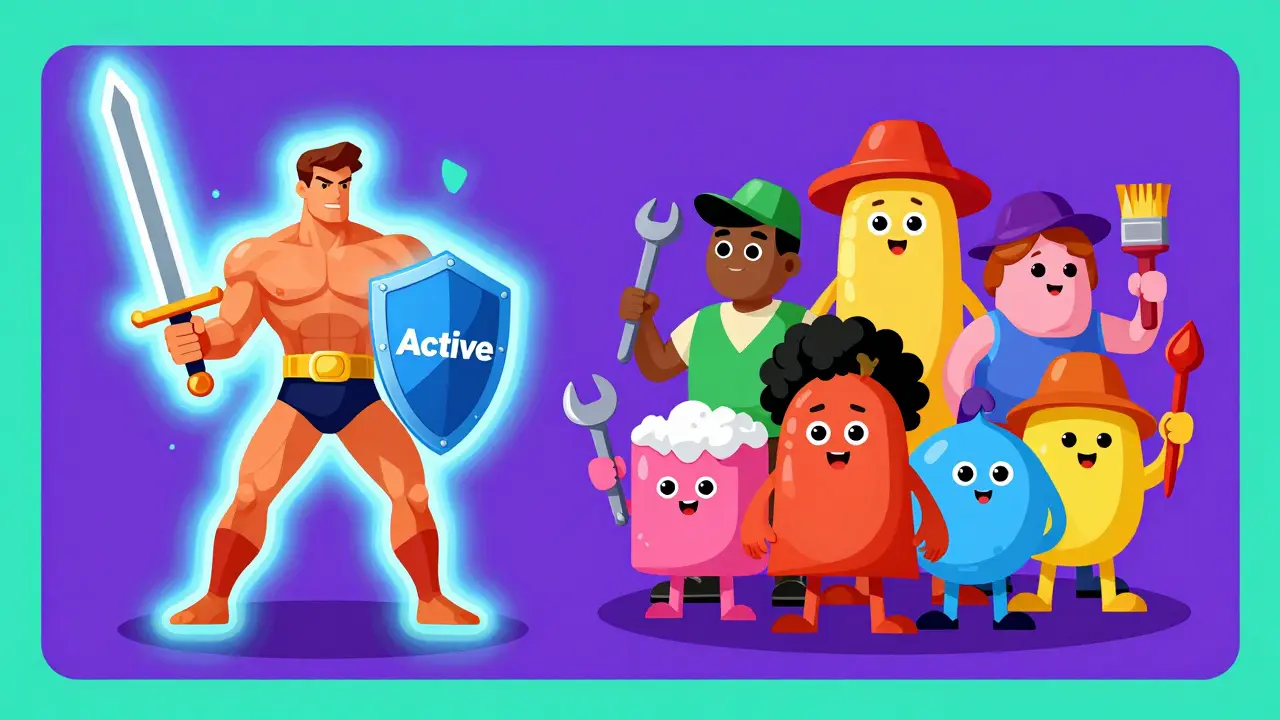 Heroic active ingredient character with quirky supporting excipient figures