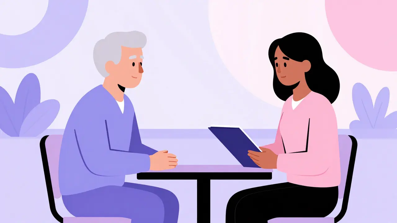 Illustration of an older adult receiving counseling from a helper at a table