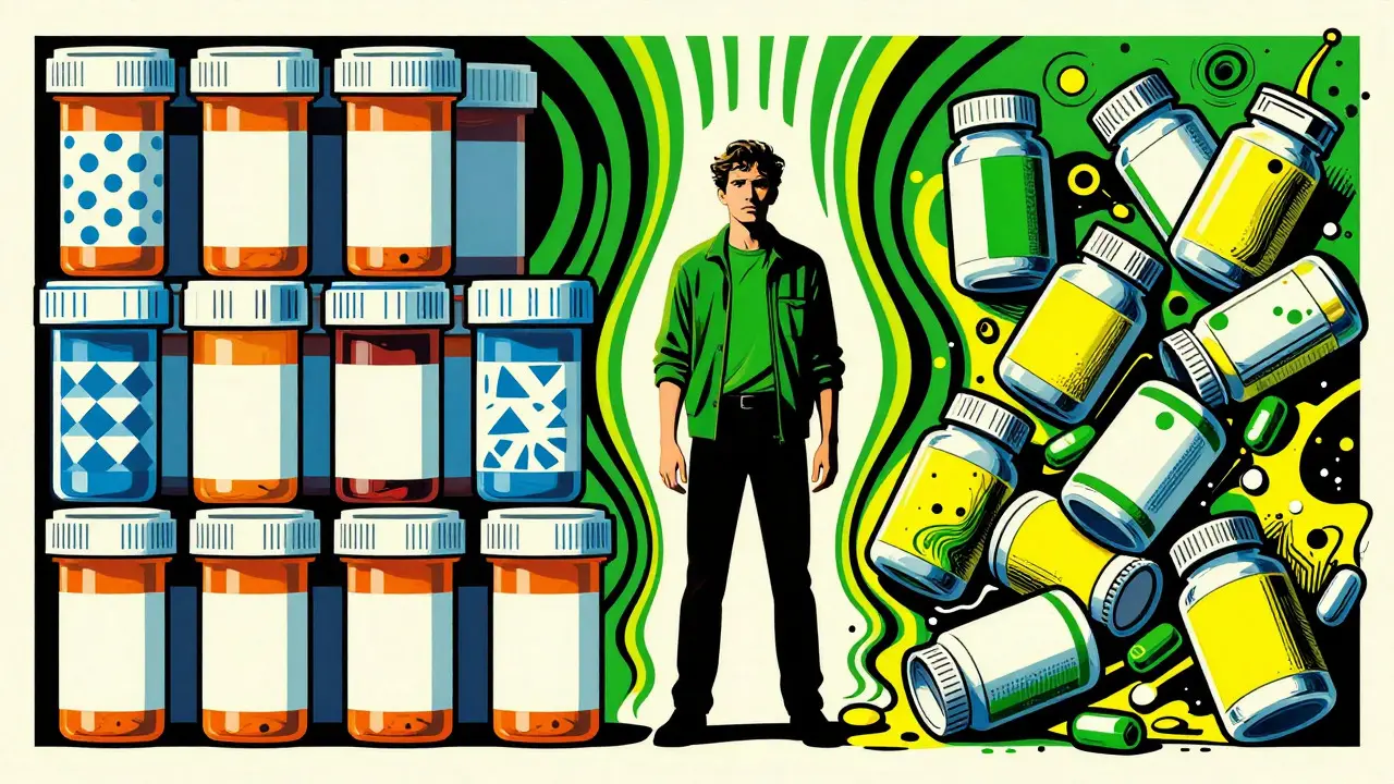 Pop-art comparison of regulated statins versus chaotic supplement piles.