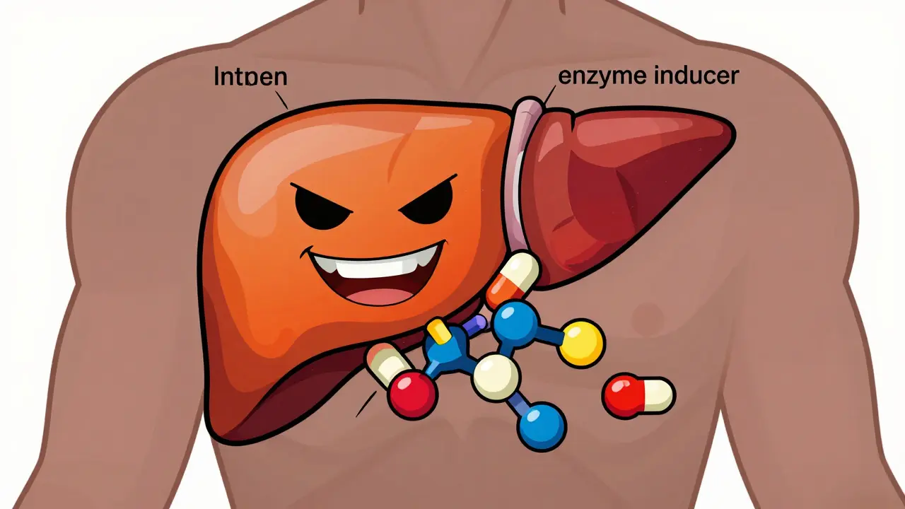 Psychedelic illustration of liver enzymes breaking down hormone molecules