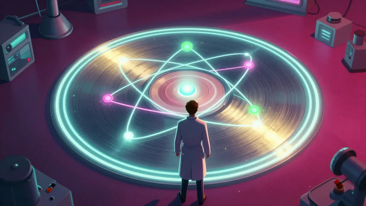 Retro-futuristic scientist analyzing glowing molecular interaction diagram