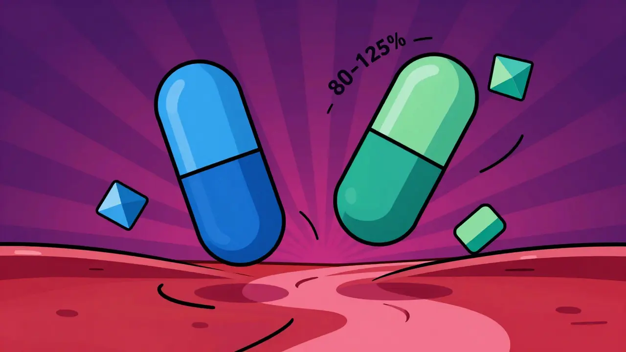 Retro illustration showing the difference in drug absorption between brands and generics.