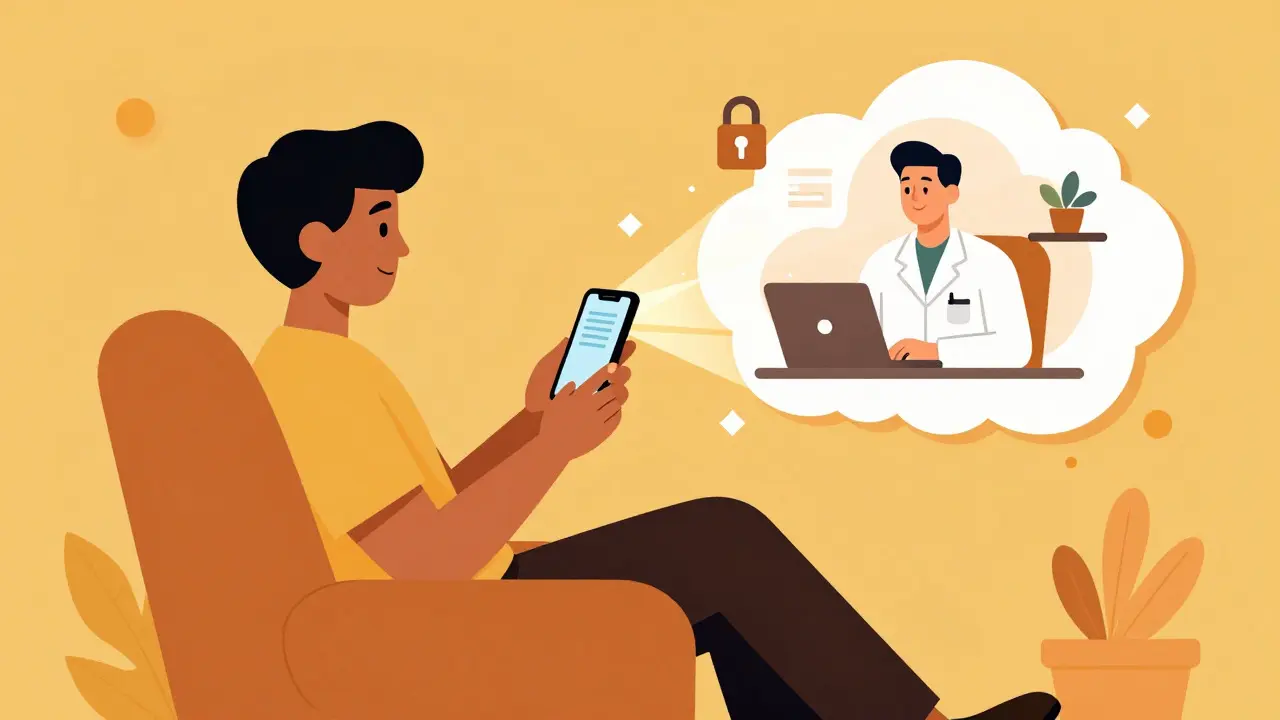 Retro-style art showing a person safely consulting a doctor via smartphone