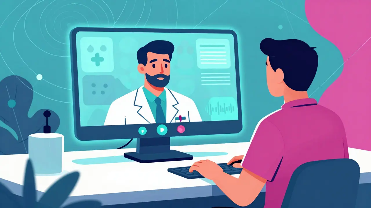Retro-style illustration of a telemedicine video consultation