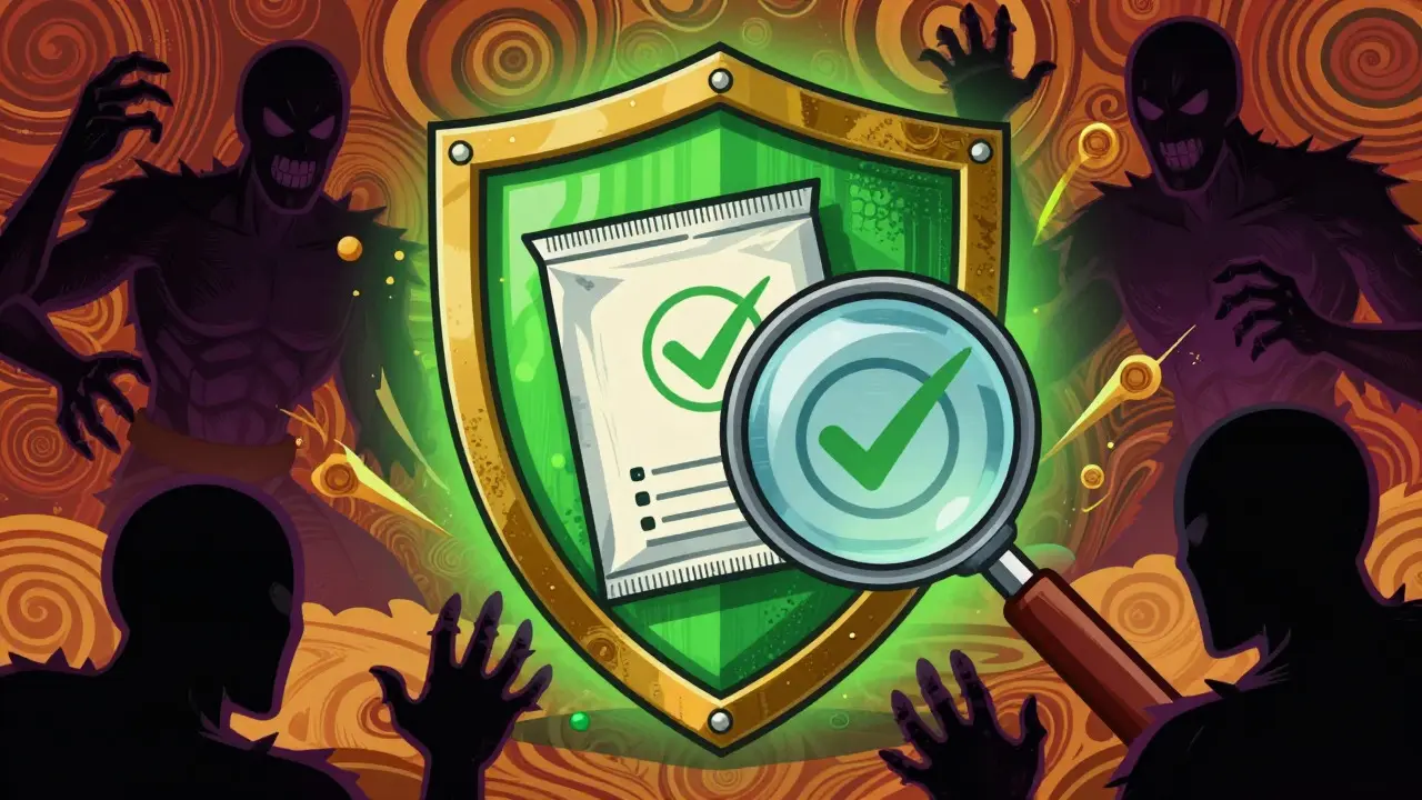Shield protecting medicine from scams in psychedelic art style