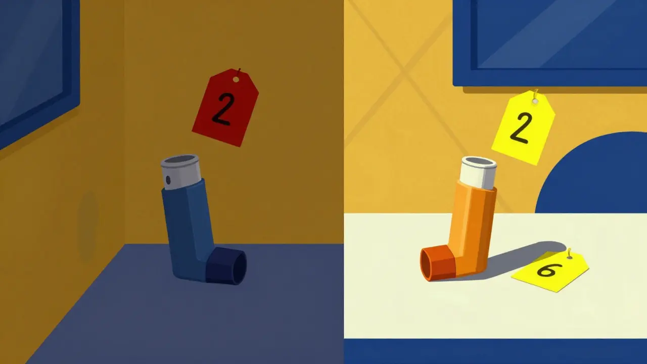 Split-screen art comparing expensive brand inhaler with affordable generic option