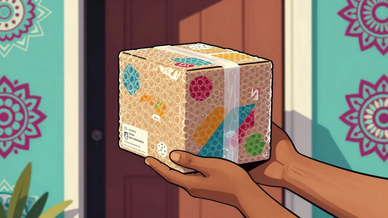 Stylized delivery of protected medication package at doorstep
