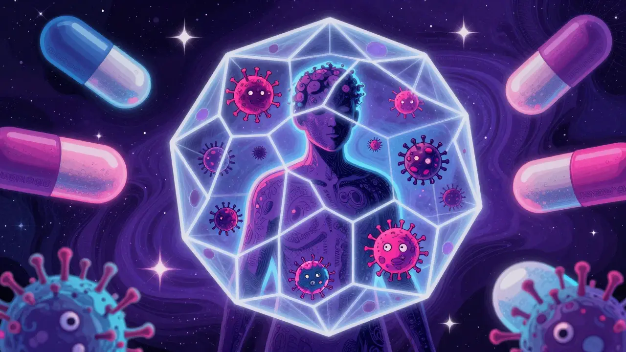 Stylized graphic of a protective shield around a person with futuristic medicine