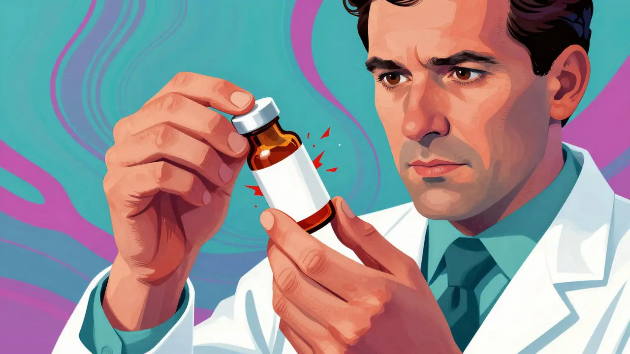 Artistic depiction of a pharmacist inspecting a suspicious medicine bottle