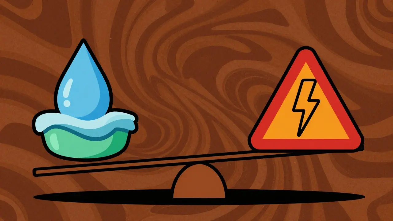 Cartoon balance scale depicting hydration and health risks.