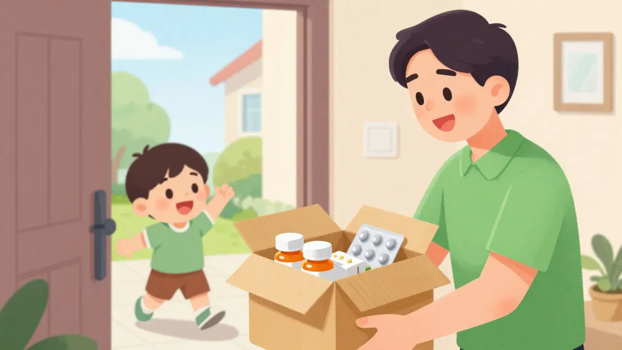 Cartoon of a family receiving a medicine delivery package at home