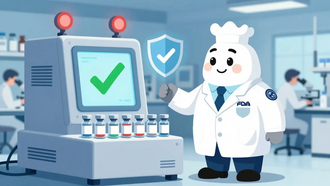 Cartoon of an FDA inspector checking authorized generic vials for quality compliance