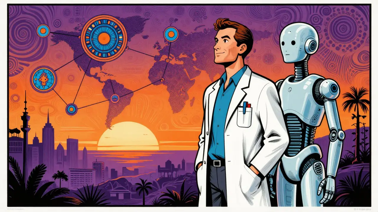 Cartoon of doctor and AI assistant collaborating on global health monitoring.